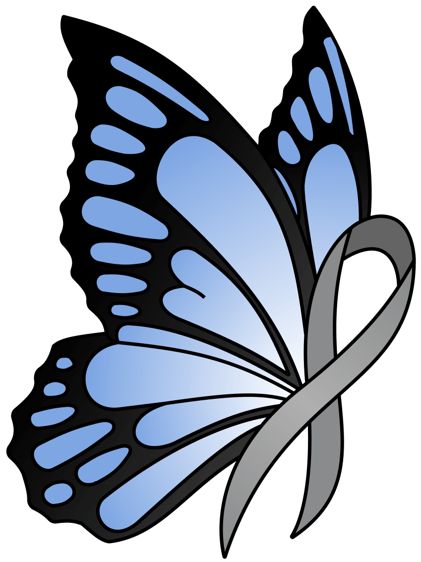 A butterfly with a grey cancer ribbon for a body, featuring the text "Up to the Sky"