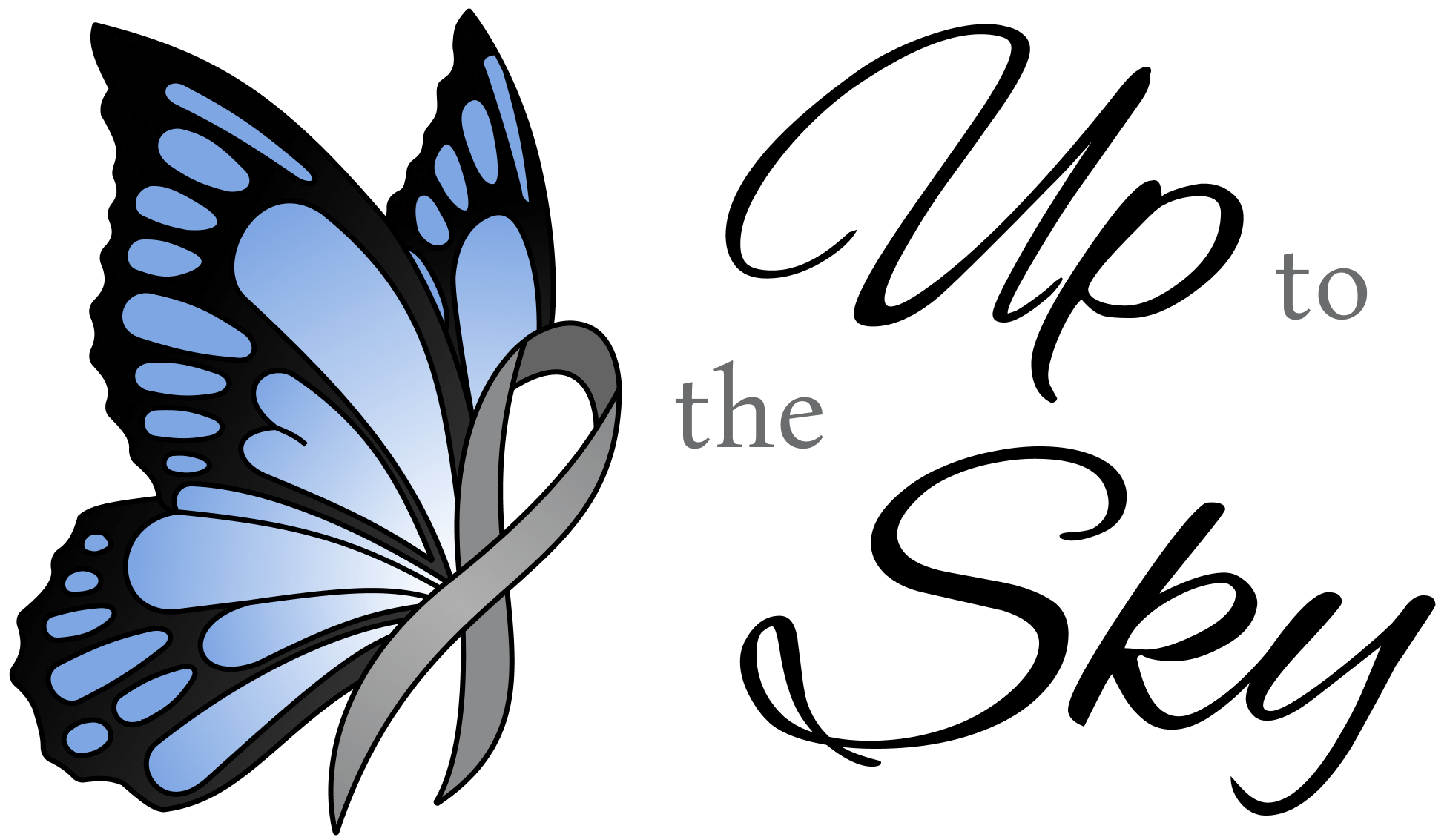 Up to the Sky logo featuring a butterfly with a brain cancer awareness ribbon for a body.